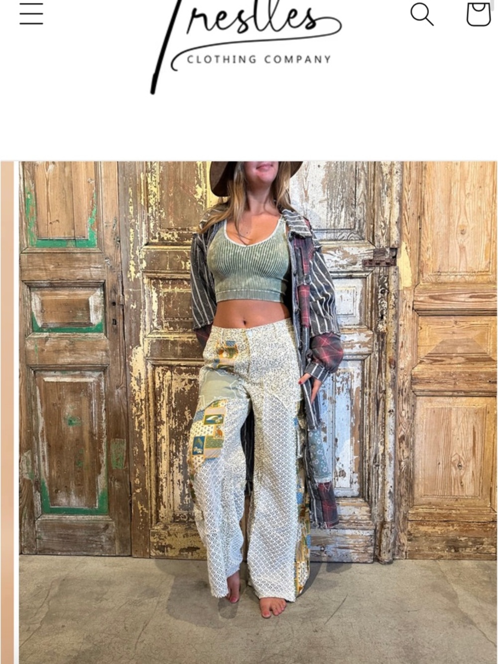 Patched Boho Blue Ditsy Tan Lace Floral Cargo Patchwork Wide-Leg Pants POL S NEW